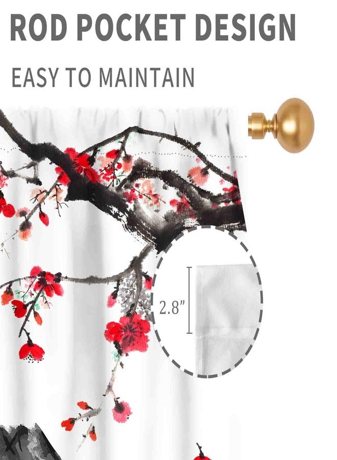 TKUYO Japanese Curtains, Traditional Ink Painting Red Floral Plum Cherry Blossom Asian Style Nature Mountains Landscape Window Drapes for Bedroom Living Room Kitchen Bathroom 2 Panels, 42"x45" Inch - Image 5